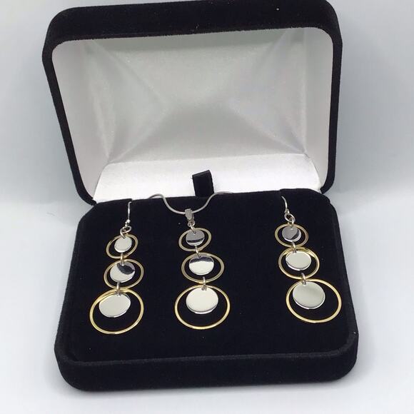 925 Sterling Silver Necklace & Earrings Set Two Tone Circle Pendant Dangle Set - Picture 5 of 13